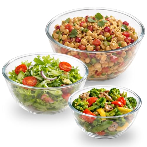 Image of Nestasia Set of 3 Borosilicate Glass Mixing Bowls for Kitchen (500ml, 1000ml, 1600ml), Oven & Microwave Safe, Dishwasher & Freezer Safe Transparent Serving Bowl Set