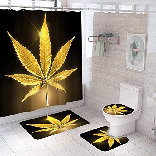 Golden Maple Bathroom Shower Curtain Sets with 12 Hooks,Bath Mat,Toilet Lid Cover Leaf Shower Curtain Sets with Rugs Black Background Bath Curtains Waterproof Durable Bathroom Sets 71x71
