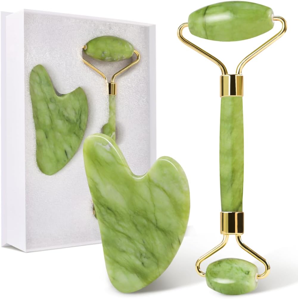 GUGUG Gua Sha and Jade Roller Set, Gua Sha Stone, Face Roller Massage Tool for Skin Care Routine, Guasha Tool for Face, Neck and Body Muscle