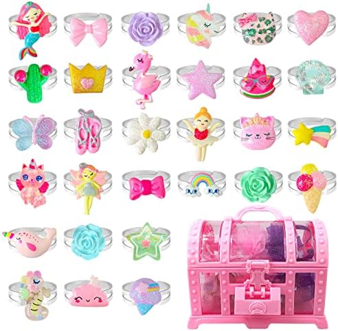 EleMirsa 30pcs Little Girl Jewel Rings Adjustable Costume Princess Pretend Play and Dress Up Rings for Girl Toddlers Kids Children's Jewelry Set Toy Treasure Box