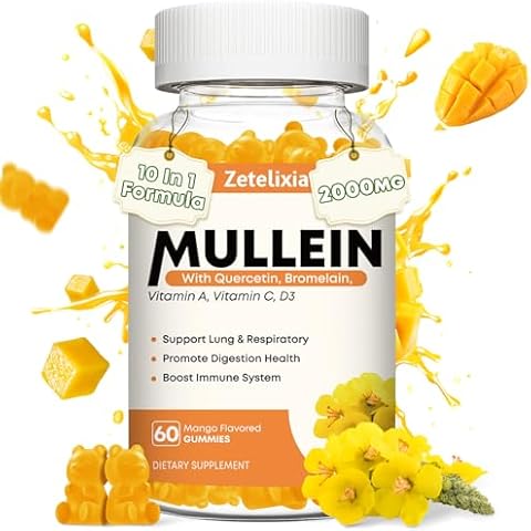 Zetelixia 10 in 1 Mullein Gummies for Clear Lungs, 20000mg Mullein Leaf Extract for Lungs Gummies, Mullein & Quercetin Gummies for Lung Cleanse, Respiratory, Immunity, Mango Flavor, 60 Count Cover