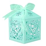 Lucky Monet 25/50/100PCS Love Heart Laser Cut Wedding Candy Gift Box Chocolate Box for Wedding Favor Birthday Party Bridal Shower with Ribbon (100pcs, Blue #01)