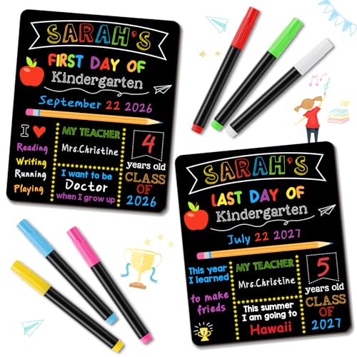First & Last Day of School Signs with 6 Writing Pens, 10 x 12 Inch Double Sided Back to School Board for Kids/Girls/Boys, Reusable Wooden 1st Day of Preschool/Kindergarten Photo Props