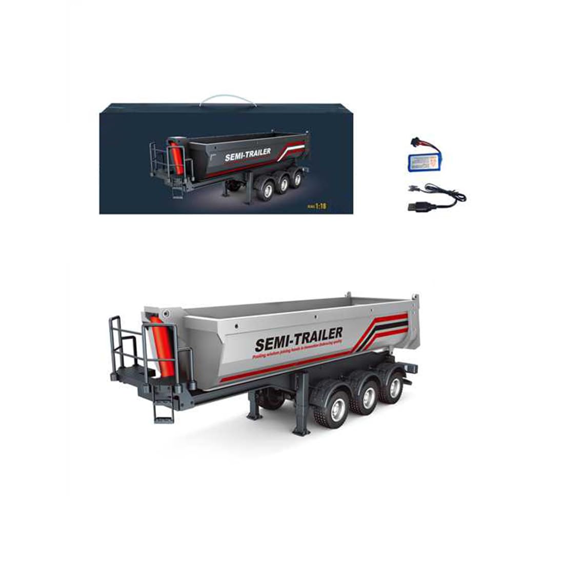 Semirremolque RC A Escala 1/18 Para Camión 770S – Con Patas Elevables, Cama Móvil Y Luces LED De 3 Modos – Accesorio Para Coleccionistas