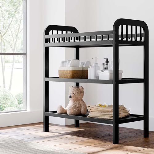 Image of Storkcraft Pasadena Changing Table with Water-Resistant Changing Pad (Black) - GREENGUARD Gold Certified, Includes Bonus Water-Resistant Changing Pad with Safety Strap, 2 Open Shelves