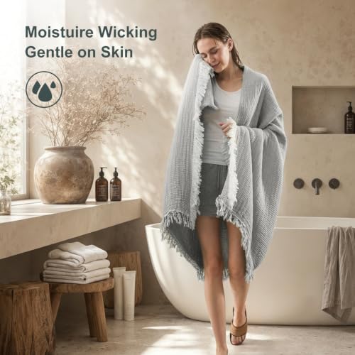 Image of EMME Muslin Queen Blanket with Tassels, 100% Cotton Gauze, Grey, 80 inchx90 inch | Soft Breathable Gauze Throw, Lightweight, Cozy for Adults Couch Sofa Bed, Gifts for Women Mom, Boho Home Decor, All Season
