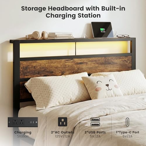Image of Twin Bed Frame with LED Lights & USB Charging Station | Metal Platform Bed with Storage Headboard, Under Bed Space, Noise Free, No Box Spring Needed, Easy Assembly, Brown