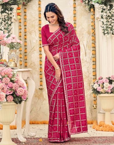 Image of SIRIL Women's Vichitra Silk Foil Bandhani Printed Saree With Unstitched Blouse Piece