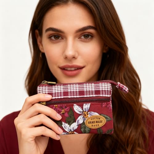 Image of Women Small Zipper Coin Purse, Handmade Fabric Flower Embroidered Change Pouch, Cotton Double Zipper Wallet