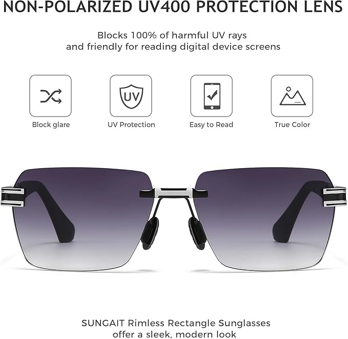 Image of SUNGAIT Rimless Rectangle Sunglasses Square Frameless Shades for Men Women Y2K Vintage UV Protection