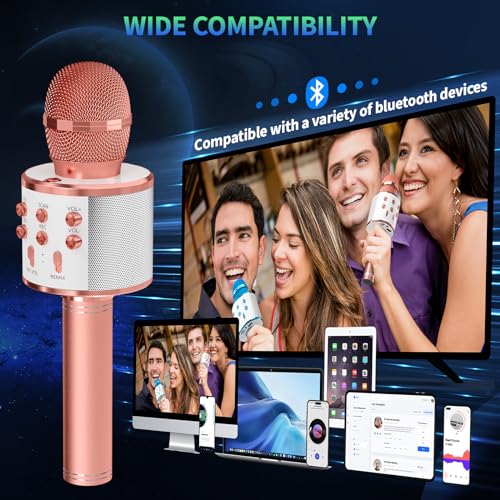 GIFTMIC 2 Pack Karaoke Microphone, Bluetooth Microphone for Singing, Wireless Microphones Toys for Girls Boys Adults, Portable Kids Microphone, 5 Year Old Girl Birthday Gift Ideas (Rose Gold & Blue) - Thumbnail 5