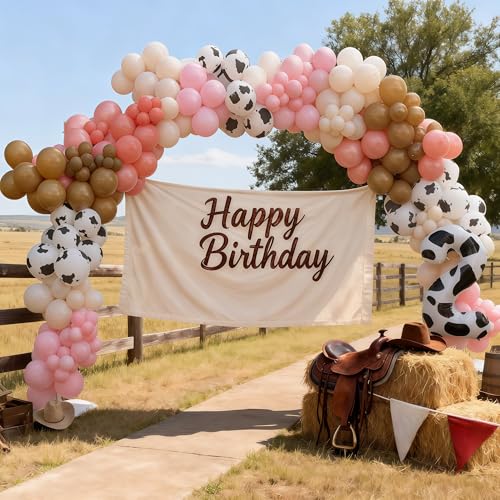 Image of Cowgirl Balloons Dusty Pink Brown Cow Print Balloons Light Pink Khaki Tan Coffee White Sand Nude Balloon Set for Western Cowboy Girls Farm Rodeo Rustic Baby Shower Birthday Party Decorations