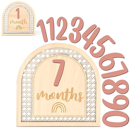 Image of Huray Rayho Boho Rattan Monthly Photo Props Cards Wooden Bohemian Blocks Rainbow Interchangeable Photo Props with 11 Swappable Numbers Set of 12 for Baby Growth Record Baby Shower Plaques