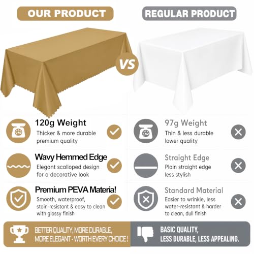 Image of NatNarr 3 Pcs Gold Plastic Tablecloths, Scalloped Rectangle Table Cloths