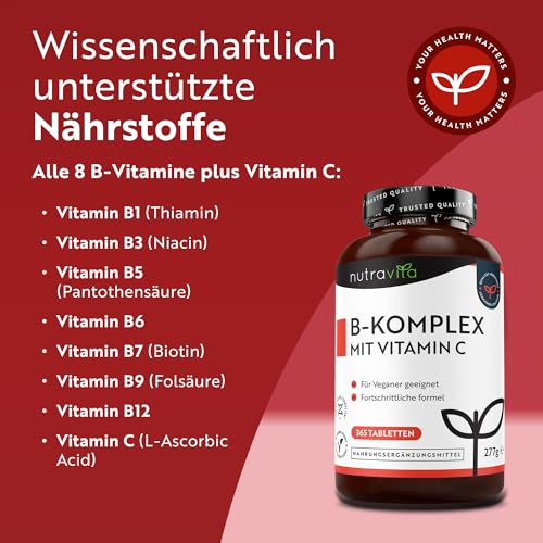 Vitamin B Komplex Hochdosiert mit Vitamin C, 365 B Komplex Vegane Tabletten mit alle 8 B-Vitaminen, Vitamin B12 hochdosiert + B1-B2-B3-B5-B6 Biotin Reduziert Müdigkeit & Erschöpfung (EFSA) - Nutravita