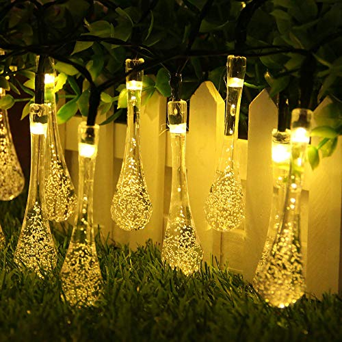 YONGCHY Outdoor Solar String Lights Water Drop Solar Powered Lights with 8 Modes, Waterproof Fairy Crystal Lights for Patio Garden Yard Tree Wedding,Warm White,24ft 50led