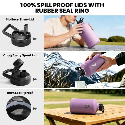 Image of RAYMYLO One Gallon Water Bottle Insulated, Triple Walled Vacuum Stainless Steel (Cold for 48 Hrs), Leak Proof & Non-BPA, Large Water Flask Jug with Paracord Handle & Straw Spout Lids