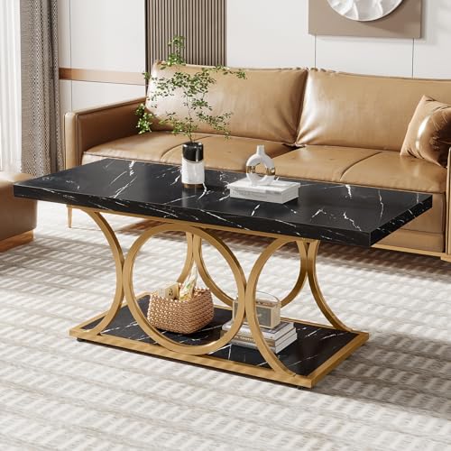 Tribesigns Rectangle Coffee Table, 47.24-inch Modern Coffee Tables for Living Room, 2-Tier Faux Marble Wood Coffee Table with Geometric Metal Legs, Furniture with Storage Shelf (Black & Gold) by Tribesigns - Used condition - US$100.47