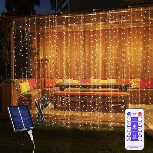 XINXIANLIAN 300LED Solar Curtain Lights USB & Solar Dual Powered 8 Modes Fairy Curtain String Lights...