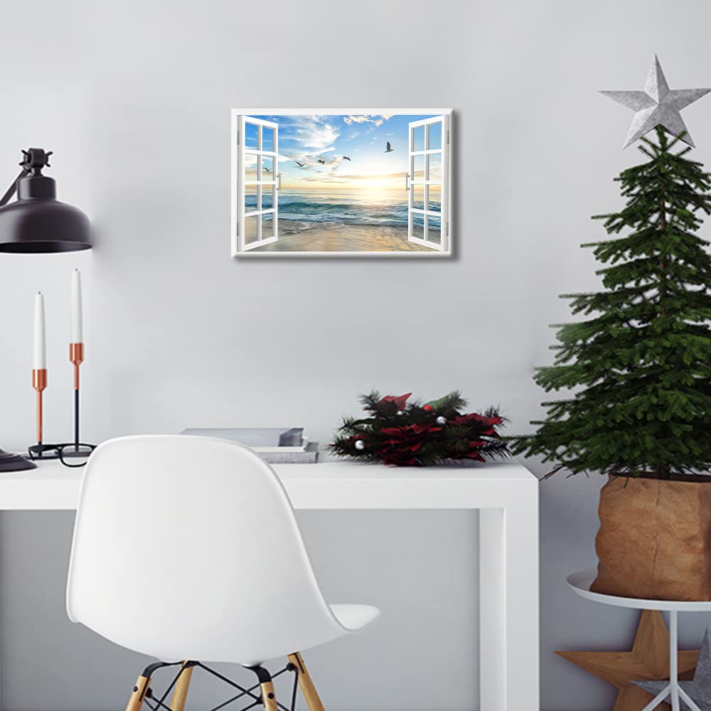 TISHIRON Beach View 3D Window Effect Canvas Art Sunset Beach Blue Ocean Art Large Modern Artwork Canvas Prints for Living Room Office Bedroom Posters Prints Framed Ready to Hang - Image 3