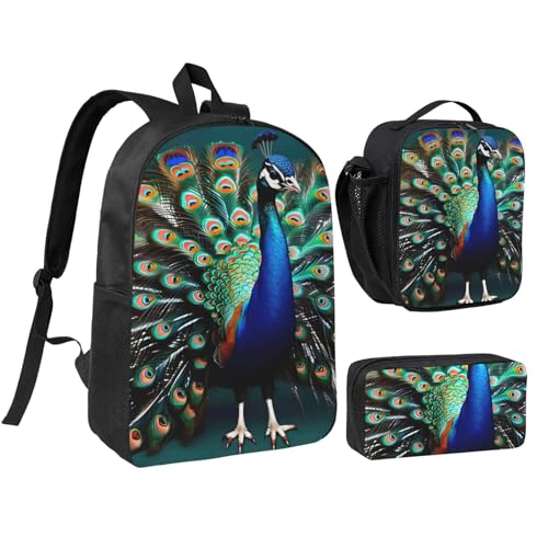 Beautiful peacock print Shoulder Bookbags Lunch Bag and Pen Case 17 inches Backpack with Lunch Box, Cute Bookbag Set