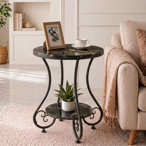 Image of CARTADEN 2 Tier End Table in Living Room, Industrial Style Round Bedside Table with Storage, Small Outdoor Coffee Table for Bedroom Balcony Patio Full Black