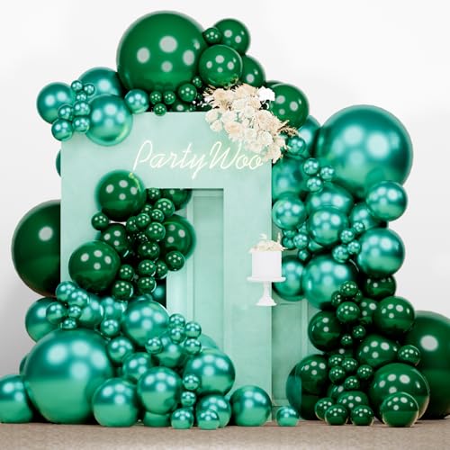 Image of PartyWoo Green Balloons 138 pcs Different Sizes Pack of 18 12 10 5 Inch Dark Metallic Green Balloon Arch Kit Garland For Birthday Graduation Forest Theme Party Decorations Green-Y56 and Green-103