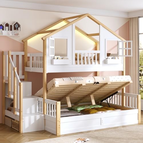 Ktipm Litera 90(140) x200 cm con LED y Almacenaje Hidráulico, Cama Litera Matrimonio con Escalera Almacenamiento y Diseño de Cabaña, Cama Infantil Literas con Barandilla, Sin Colchón, Blanco+Natural