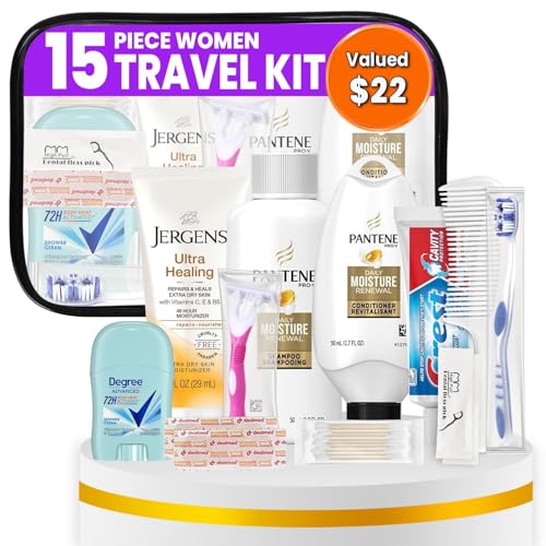 Stuhrling Bottle Trektote Toiletry Kit For Women, Featuring Top Brand Toiletries for Whole Body, TSA Compliant Travel Essentials with Shampoo, Conditioner, Lotion, Toiletry Bag & More, 15 Piece Set