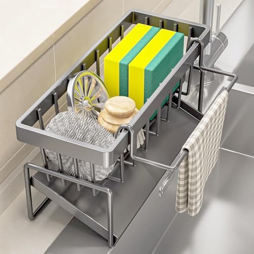 Rongxze Organizador Fregadero Cocina, Soporte Estropajo Fregadero con Bandeja de Drenaje Autodrenante, Organizador de Fregadero para Soporte de Esponja, Toallero, Acero Inoxidable (23x9x10 cm)