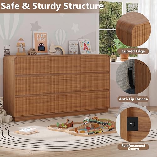 Image of BORNOON Dresser for Bedroom with 9 Drawers, Fluted Chest of Drawers with Round Curved Corner, Hidden Handles, Modern Wood Storage Organizer for Bedroom, Nursery, Living Room