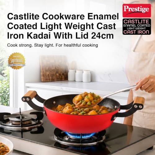 Image of Prestige Castlite Enamel Coated Cast Iron Kadai 24cm / 2.3L with Glass Lid | Lightweight, High Heat Retention | Gas & Induction Compatible | Low-Oil Cooking | Wooden Handles | Easy Clean |15Y Warranty