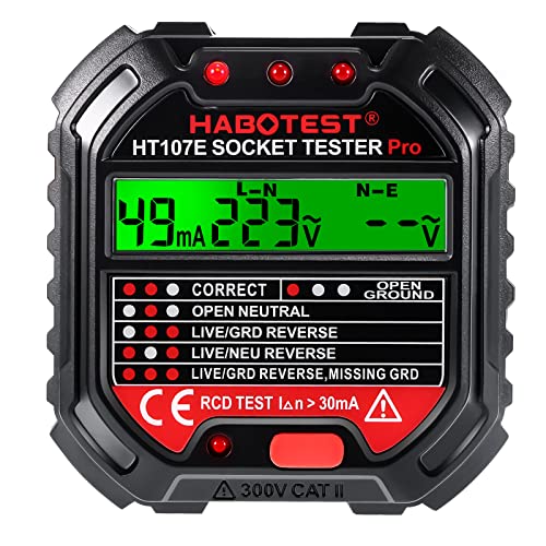 Konesky HT107E Socket Tester with LCD Display Digital Electrical Voltage Tester, 90-250V Digital Circuit Breaker Detector Electric Circuit Polarity Finder Voltage Detector Rcd Plug Tester Mains