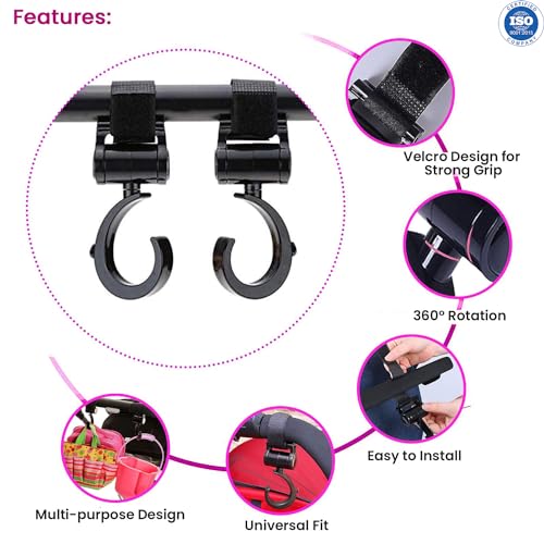 Image of Safe-O-Kid Strong Stroller Hooks (Pack of 4) - Heavy Duty, Durable, Universal Hooks for Bags, Toys & More, Black