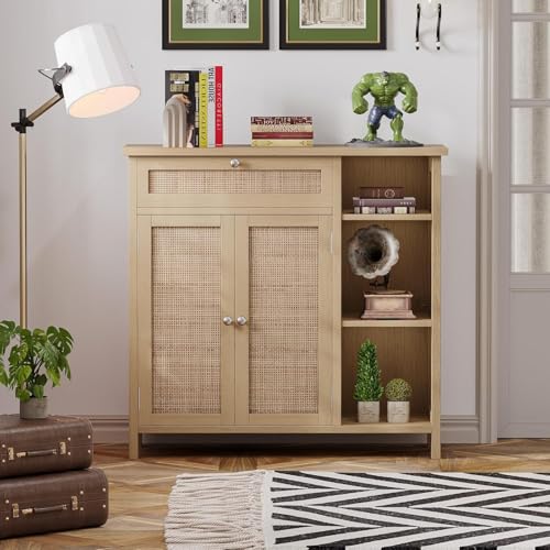 Irontar CWG001M Bathroom Cabinet With Rattan Doors, Bathroom Floor Cabinet With Open Storage & Adjustable Shelf, Coffee Bar thumb #7