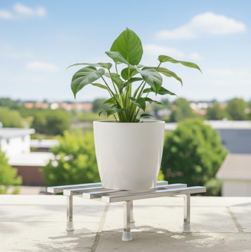 Image of Dolin Decor Plant Stand for Outdoor Balcony Heavy Duty Stainless Steel Flower Pot Holder for Indoor Living Room Garden Use Rustproof 80kg Capacity Gamla Stand (Silver, Set of 1) 12x9x4 Inch