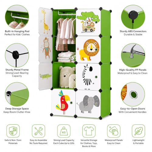 Image of LUHI Plastic Wardrobe for Kids Clothes - Easy to Use Anti-Skid & Non-Slip Effective Professional, Plastic Cupboard for Kids, Foldable Almirah, Collapsible Wardrobe (Green HI, 8-Shelf-8-Door)