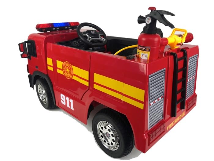 FINOOS Elektryczny samochód strażacki dla dzieci 12 V Firetruck, gumka koła z pilotem zdalnego sterowania 2,4 GHz 1-5 lat (czerwony)