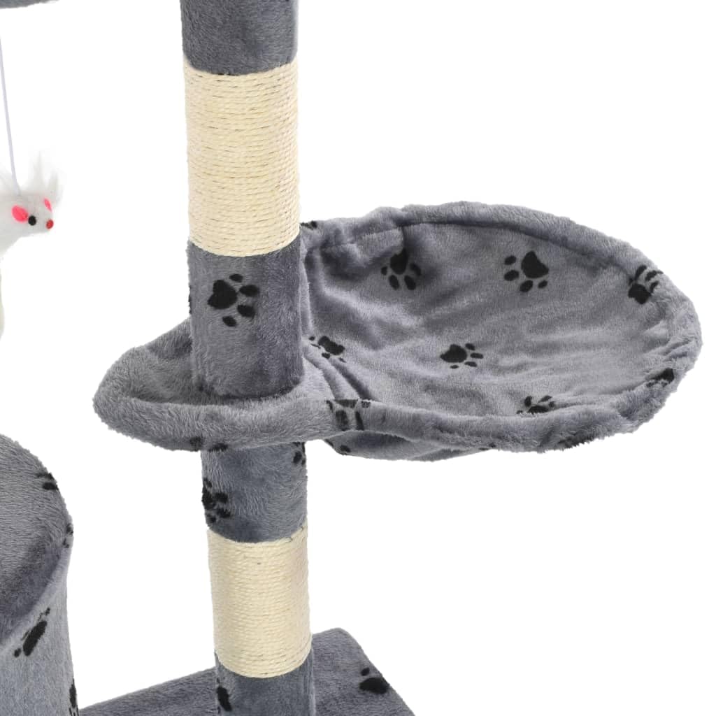 Katzen-Kratzbaum Sisal 138 cm Grau mit Pfoten-Aufdruck, Kratzmöbel mit Höhle, Liegefläche und Plattform, inklusive 3 Spielzeugen, ideal zum Klettern, Kratzen
