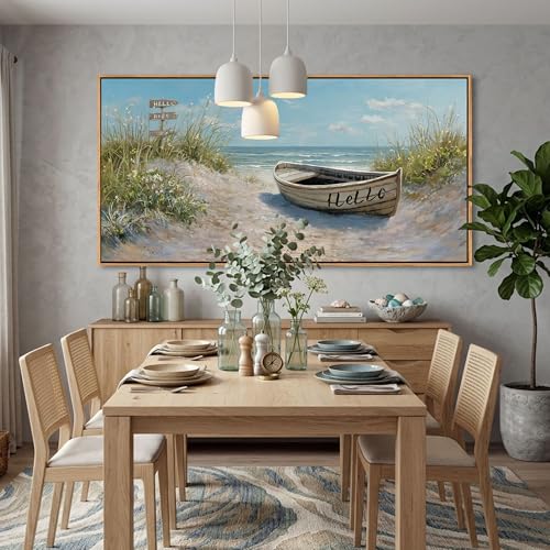 Image of AJAZIKO Coastal Canvas Wall Art Paintings - Beach Wall Pictures for Living Room with and Ocean Themes - Boat Wall Decor and Ocean Wall Art for Home Artwork for Walls 24x48IN