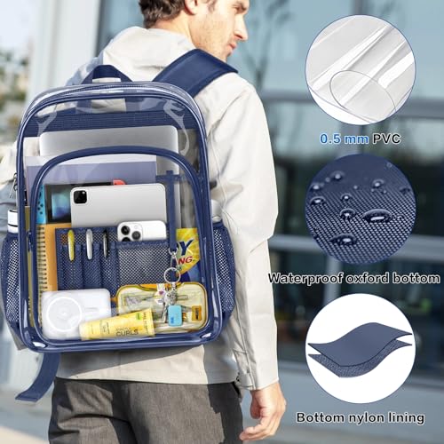 Image of PAMANO Clear Backpack Transparent Heavy Duty Bookbag See Through Bag for College Work Travel Security, Navy XL