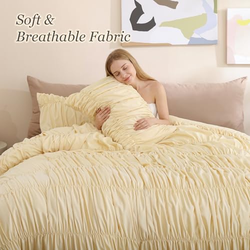 Image of weigelia Cinched Comforter Set Queen - Soft Ruched Bedding Set, 3PCS Light Yellow All-Season Fluffy Lightweight Comforter with Pillowcases for Bedroom, Apartment & Dorm Decor