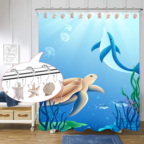 Double Shower Curtain Hooks,12Pcs Seashell Shower Curtain Rings Double Shower Curtain Hooks Decorative Bathroom for Home Bathroom Bedroom Living Room — view 2