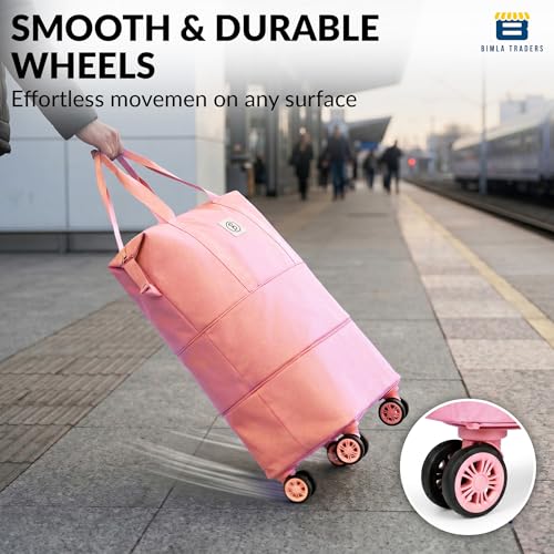 Image of Btag Travel Duffle Bag with Wheels | Convertible Handbag, Trolley & Shoulder Luggage for Clothes | Space-Saving Foldable Travel Companion |Expandable & Waterproof Traveling Bag for Unisex (Sweet Pink)