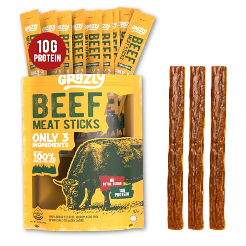 Grazly Grass-Fed Beef Sticks – Made with Only Beef, Spring Salt & Collagen Casing – Clean, High-Protein Snack w/ 10g Protein Per Stick (1 oz, 10 Pack)