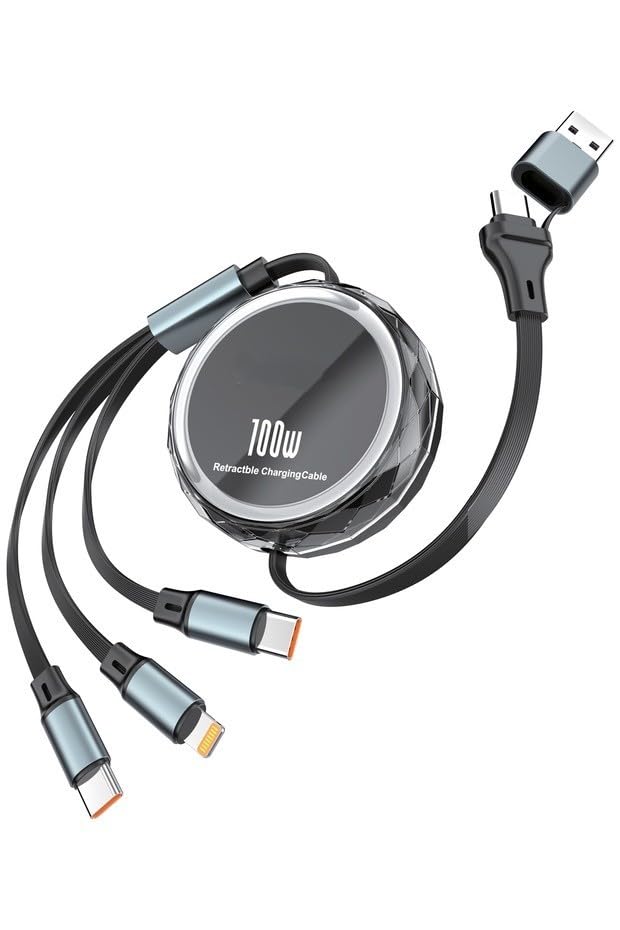 PDAteknoloji 100W PD 3in2 Makaralı USB-A, Type-C, Lightning ile Uyumlu Hızlı Şarj ve Data Kablosu 1.2m MT5018