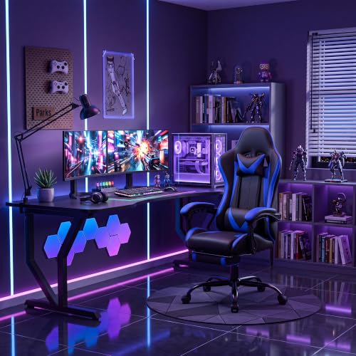 Image of Gaming Chair, Ergonomic Computer Chair with Footrest and Lumbar Support, Height Adjustable Video Game Chair with 360 Swivel Seat and Headrest for Office, Home, Streaming and Gaming (Blue)