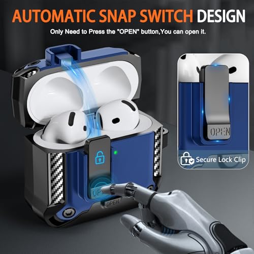 Image of for AirPods 4 Case with Lock & Phone Stand(Blue) | Automatic Snap Switch Lock,Carbon Fiber Texture Design Cover with Cleaner Kit