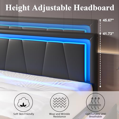 Image of Full Size Bed Frame with 4 Storage Drawers, Upholstered Headboard, Black