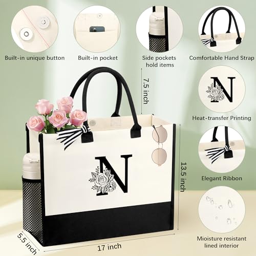 Image of Personalized Name Tote Bag for Women, Birthday Best Friend Bridesmaid Gifts for Women Canvas Initial Tote Bags